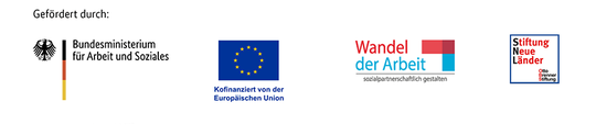 Logoleiste: Bundesministerium für Arbeit und Soziales, Europäischer Sozialfonds, Programm Wandel der Arbeit, Stiftung Neue Länder