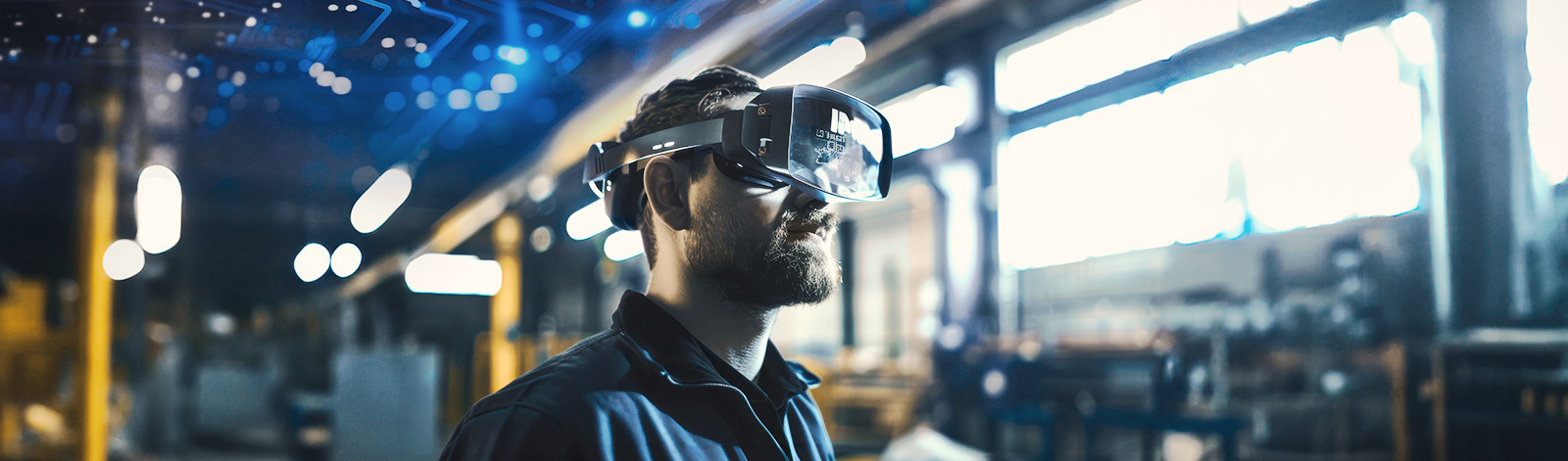 Schmuckbild zeigt Mann mit VR Brille in Industrieumgebung