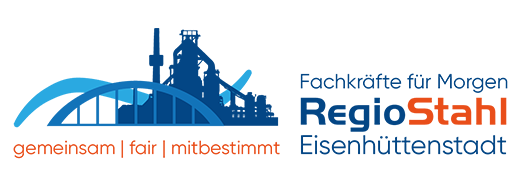 Logo RegioStahl, Schriftzug mit Slouettte einer Brücke und einer Fabrik.
